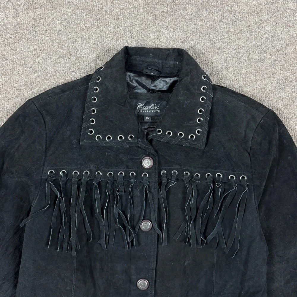 Vintage Excelled Collection Black Suede Leather Western Fringe Jacket Women’s XS - Picture 4 of 13
